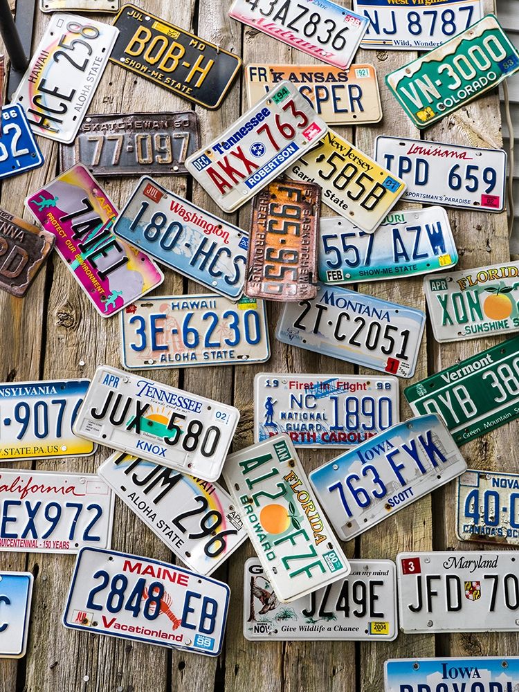 Maine License plates on Old Wall in Bar Harbor